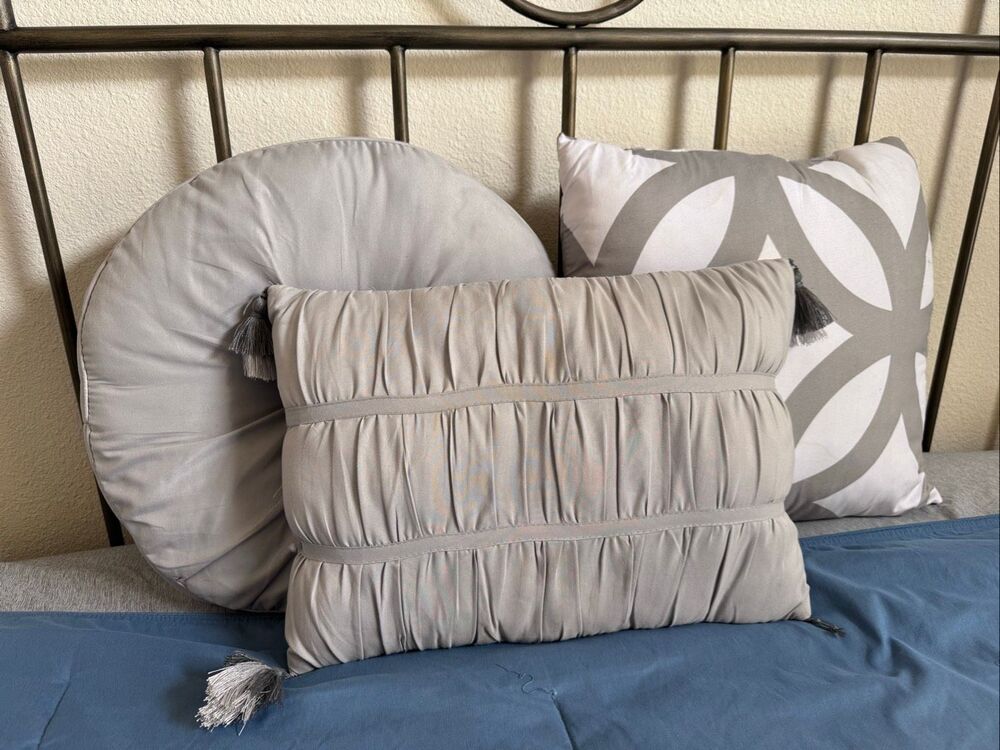 Grey decorative bed pillows circular rectangle square 3 piece